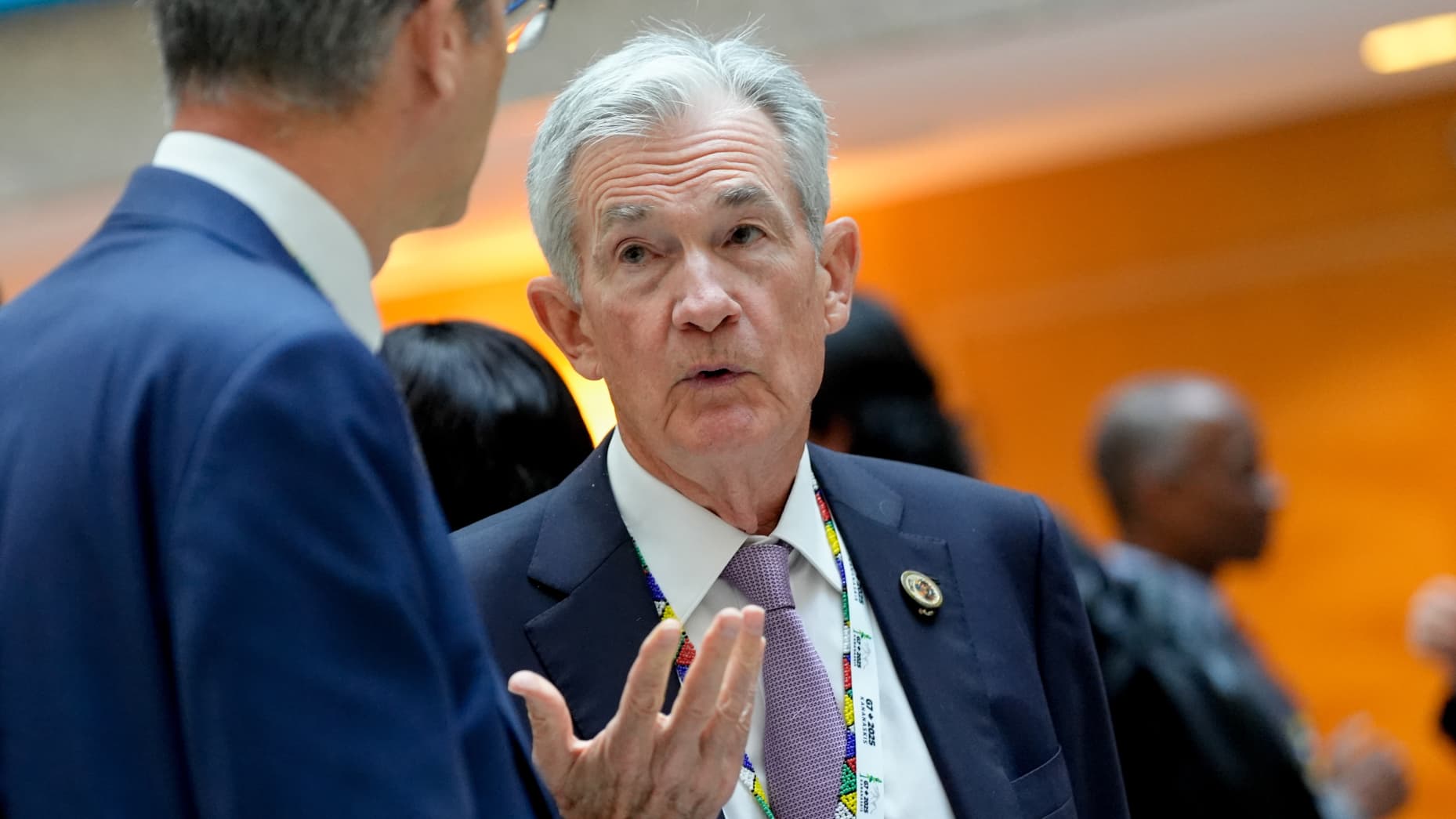 Jerome Powell, chairman of the US Federal Reserve, during the International Monetary Fund (IMF) and World Bank Fall meetings at the IMF headquarters in Washington, DC, US, on Thursday, Oct. 16, 2025. The International Monetary Fund warned that the global economy is showing signs of strains from sweeping US tariffs and protectionism even though it so far has held up better than expected. Photographer:Kent Nishimura/Bloomberg via Getty Images