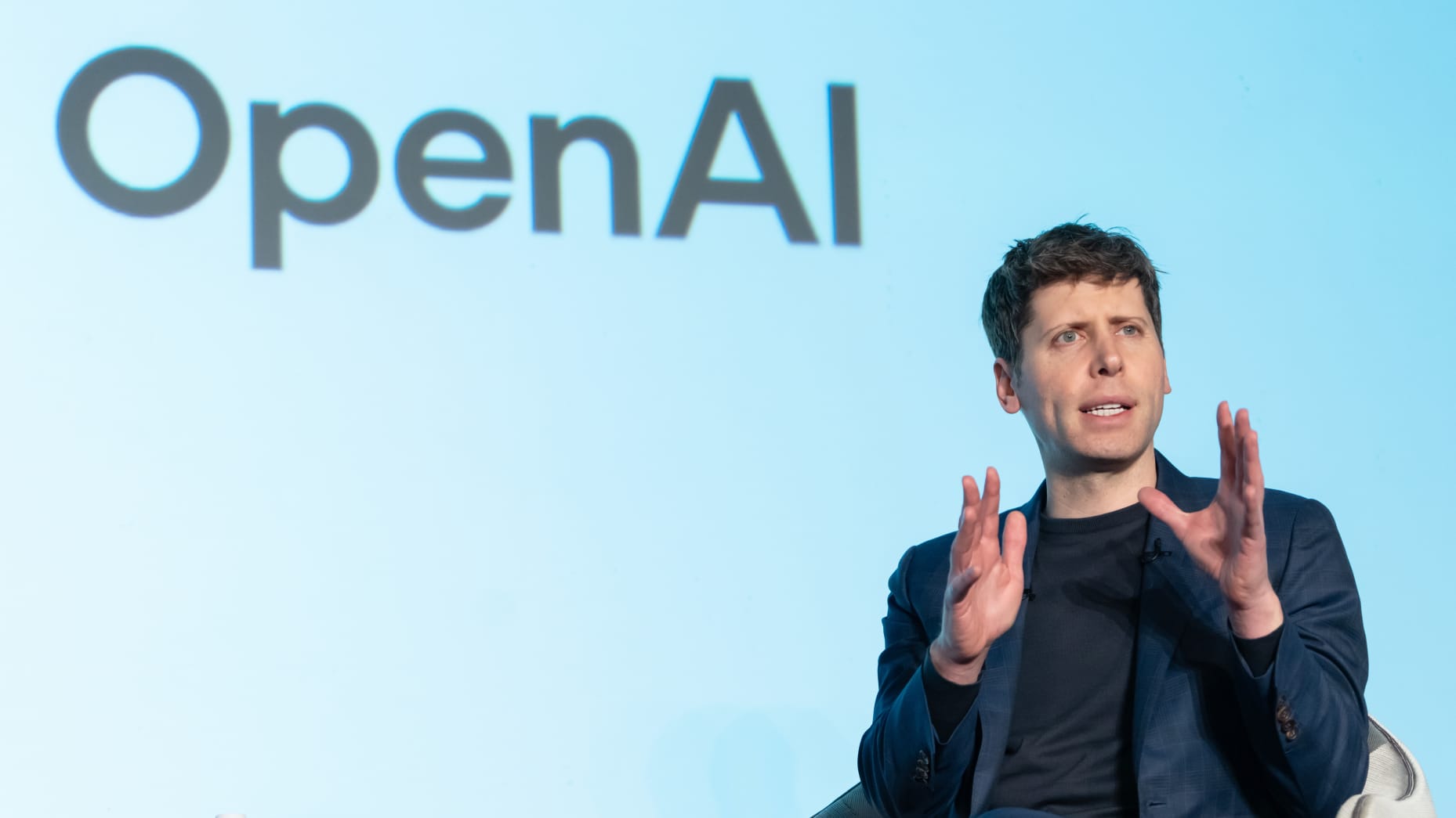 TOKYO, JAPAN - FEBRUARY 3:Open AI CEO Sam Altman speaks during a talk session with SoftBank Group CEO Masayoshi Son at  an event titled "Transforming Business through AI" in Tokyo, Japan, on February 03, 2025. SoftBank and OpenAI announced that they have agreed a partnership to set up a joint venture for artificial intelligence services in Japan today.  (Photo by Tomohiro Ohsumi/Getty Images)