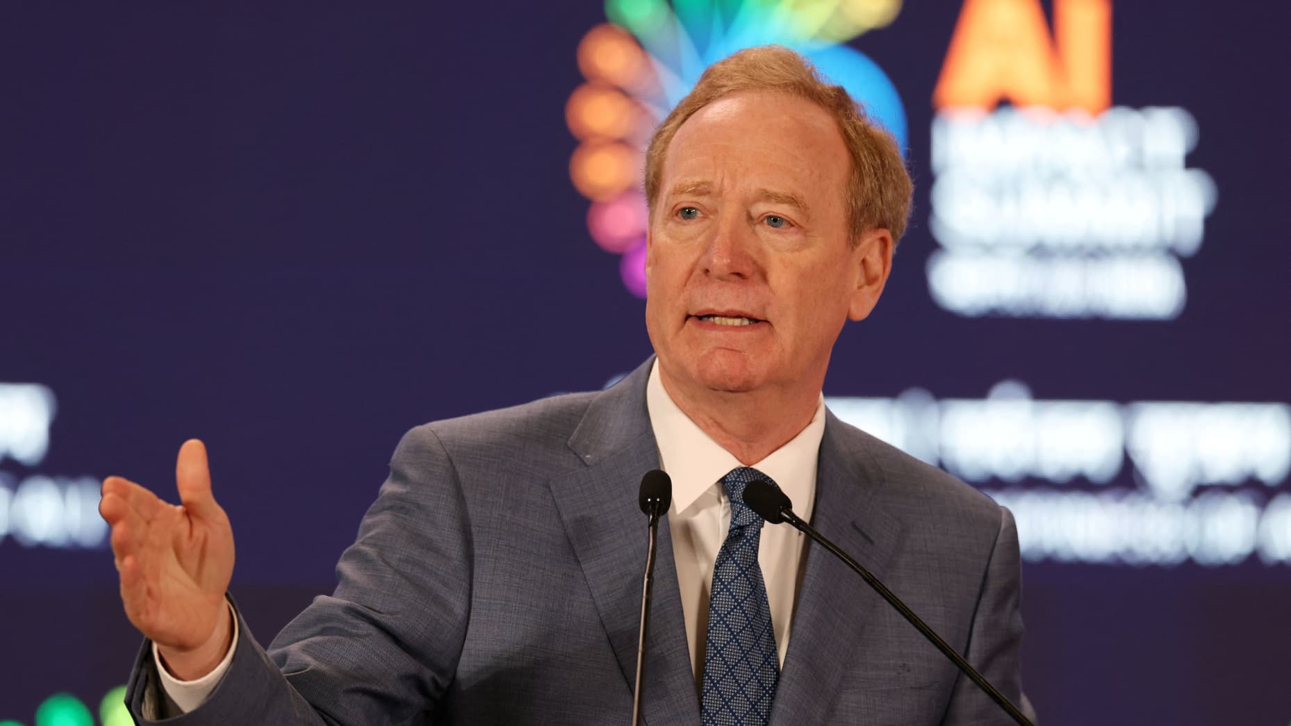 Microsoft's Vice Chair and President Brad Smith, addresses the gathering at the AI Impact Summit, in New Delhi, India, February 19, 2026. REUTERS/Bhawika Chhabra