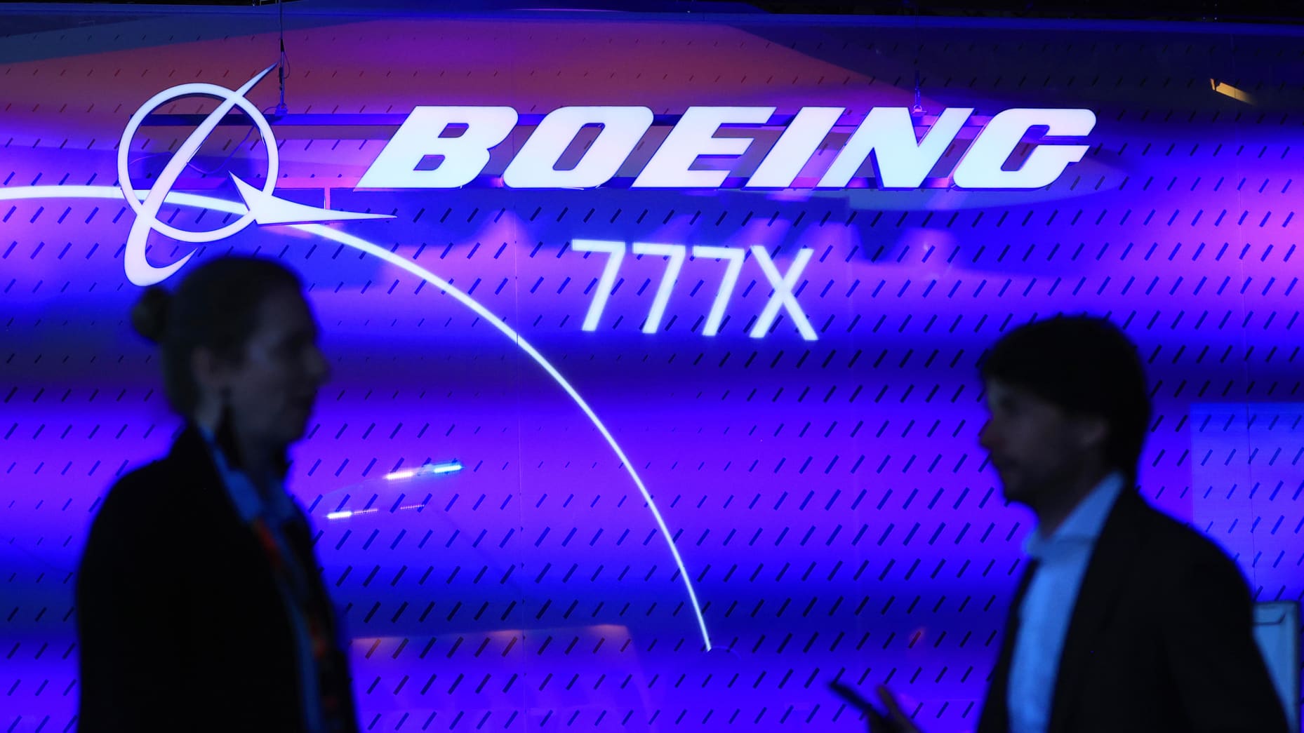 A Boeing 777X sign in the Boeing Co. booth at the Aircraft Interiors Expo (AIX) in Hamburg, Germany, on Tuesday, April 8, 2025. 