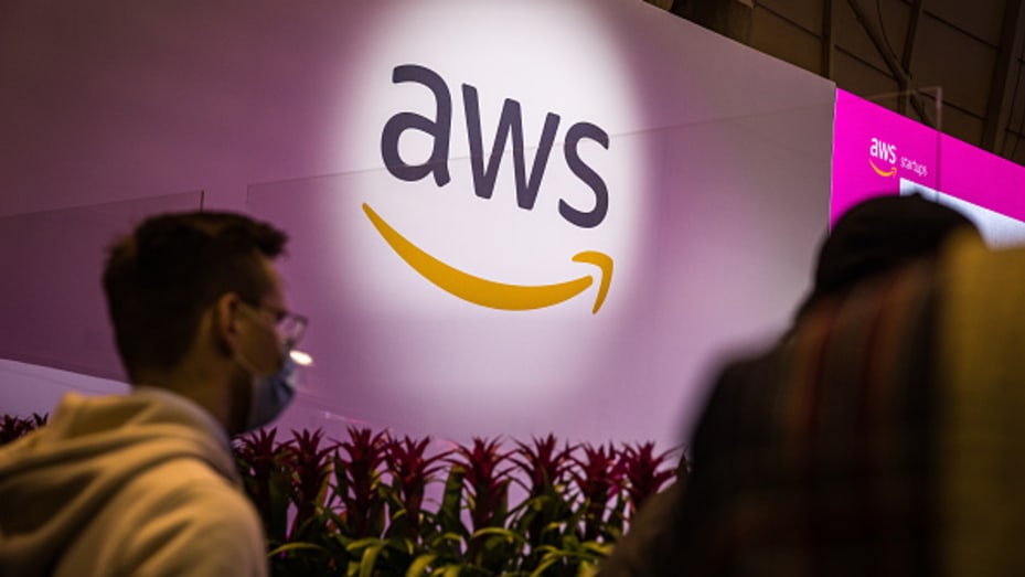 Amazon Web Services logo at the Web Summit in Lisbon.