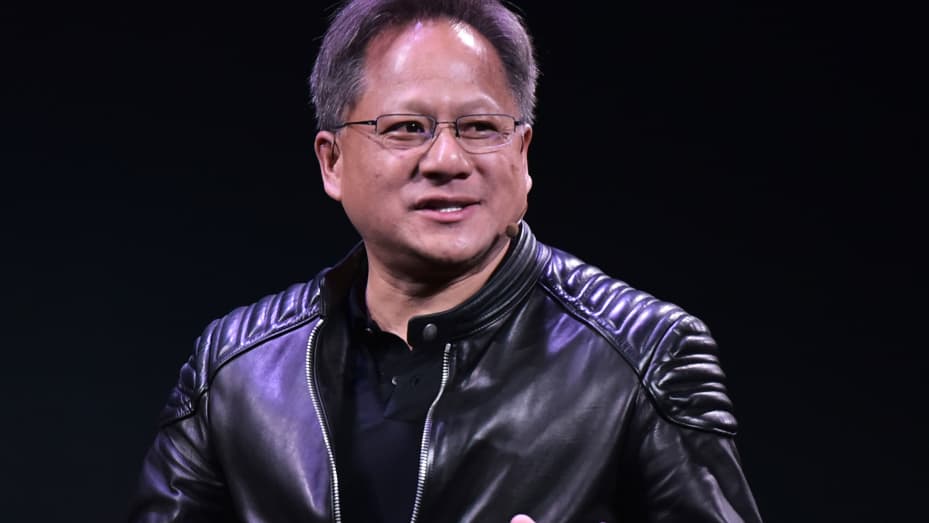 Nvidia CEO Jensen Huang speaks during a press conference at The MGM during CES 2018 in Las Vegas on January 7, 2018.